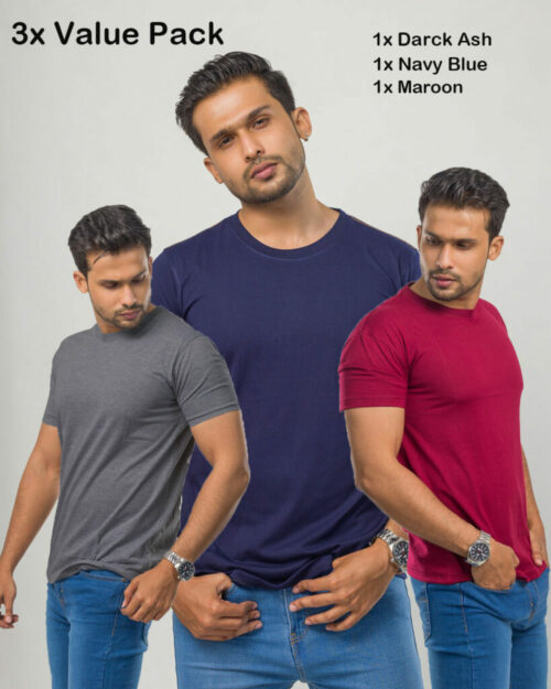 Unisex T-Shirt Bundle Pack Dark Ash | Navy Blue | Maroon