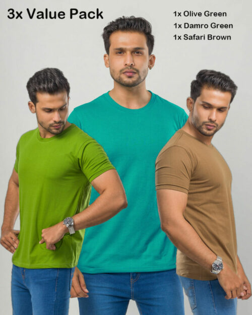 Unisex T-Shirt Bundle Pack Olive Green | Damro Green | Safari Brown