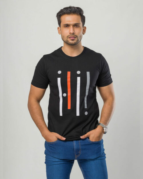 Stripes Printed Black Cotton T Shirt