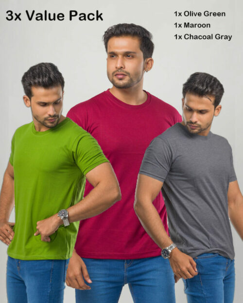 Unisex T-Shirt Bundle Pack Olive Green | Maroon | Charcoal Gray