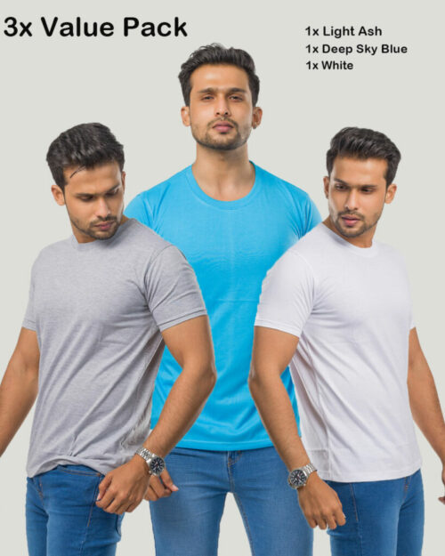 Unisex T-Shirt Bundle Pack Light Ash | Deep Sky Blue | White