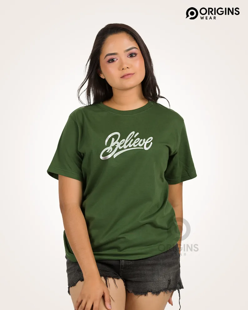 BELIEVE Army Green Colour Cotton Tshirt