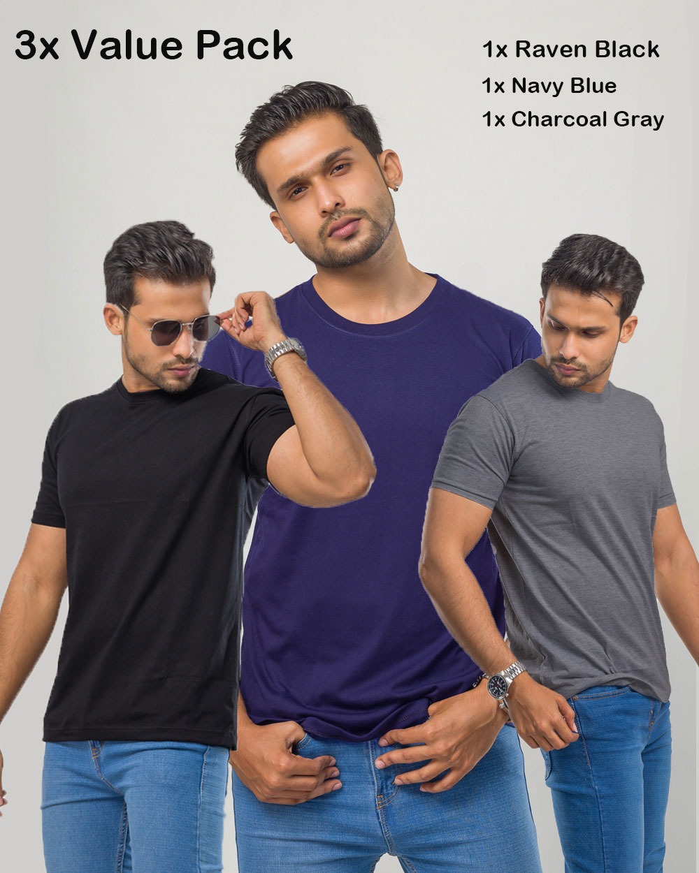 Unisex T-Shirt Bundle Pack Raven Black | Navy Blue | Charcoal Gray