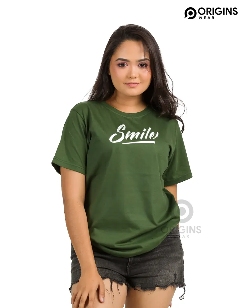 Smile! letter - Army Green Colour Men & Women Premium Cotton T-Shirt