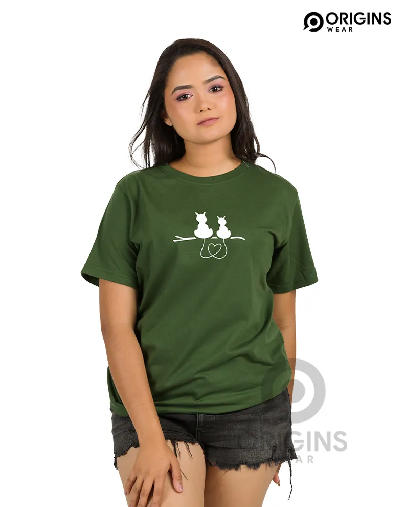 Couple Kitty Army Green Colour UniSex Premium Cotton T-Shirt