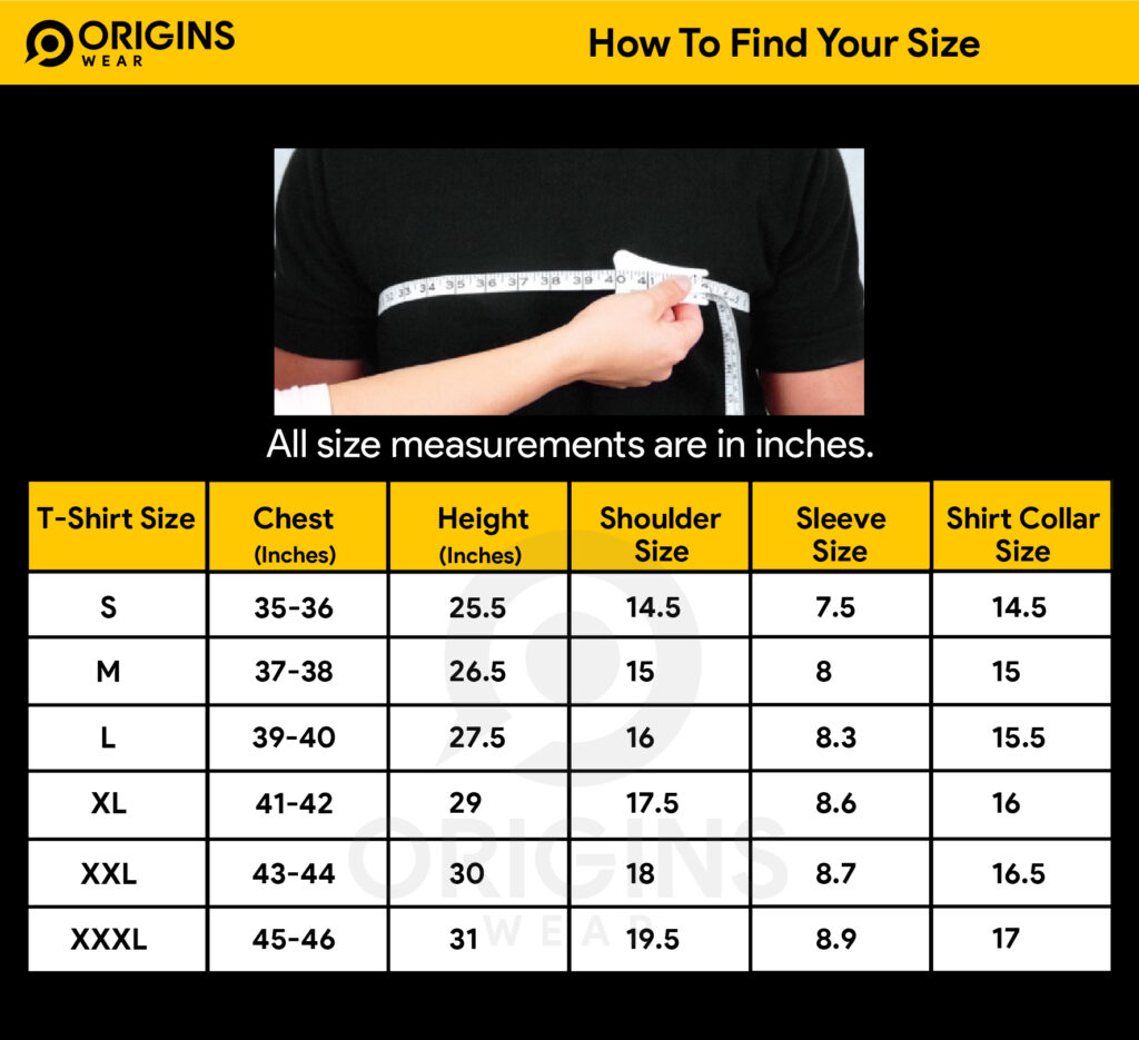 Origins Wear T-Shirt Size Chart