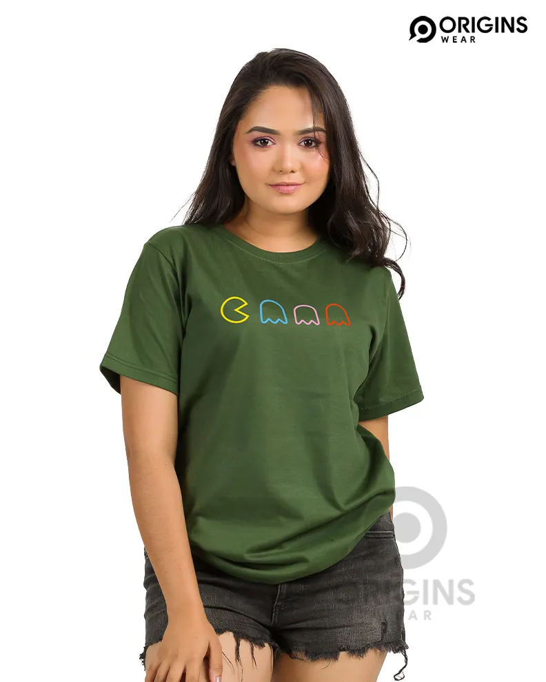 PacMan Line Army Green Colour Unisex Premium Cotton T-Shirt