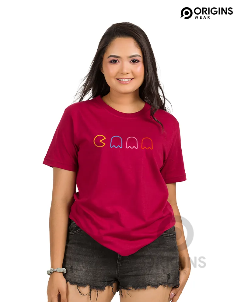 PacMan Line Maroon Colour Unisex Premium Cotton T-Shirt
