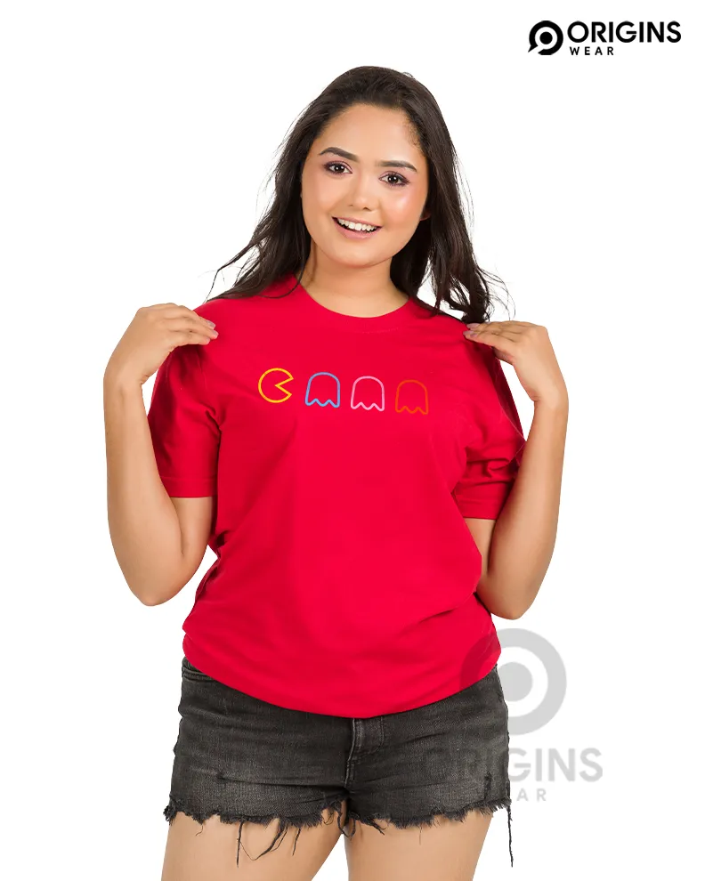 PacMan Line Scarlet Red Colour Unisex Premium Cotton T-Shirt