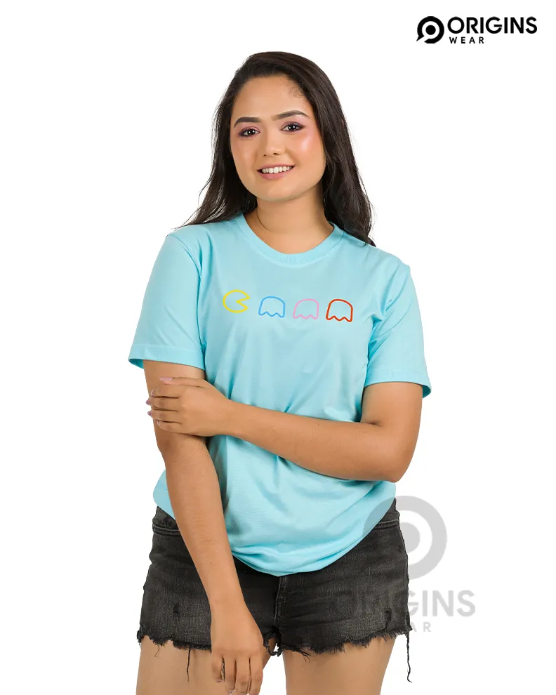 PacMan Line Sky Blue Colour Unisex Premium Cotton T-Shirt