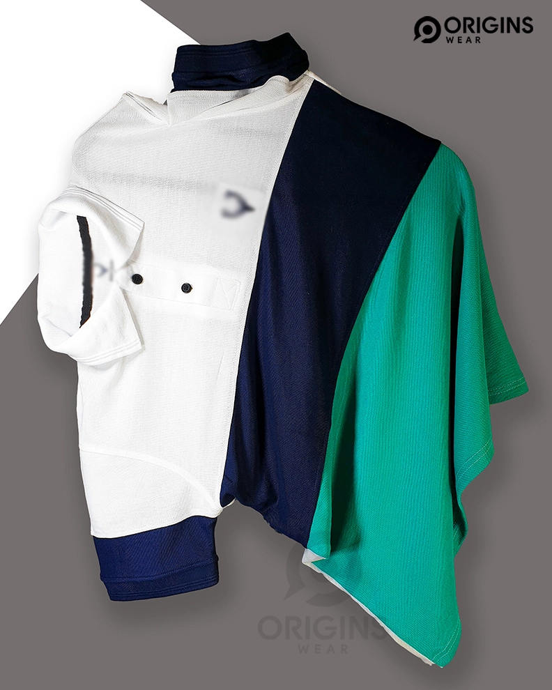 White | Navy Blue | Damro Green  Striped Collar T-Shirts - L