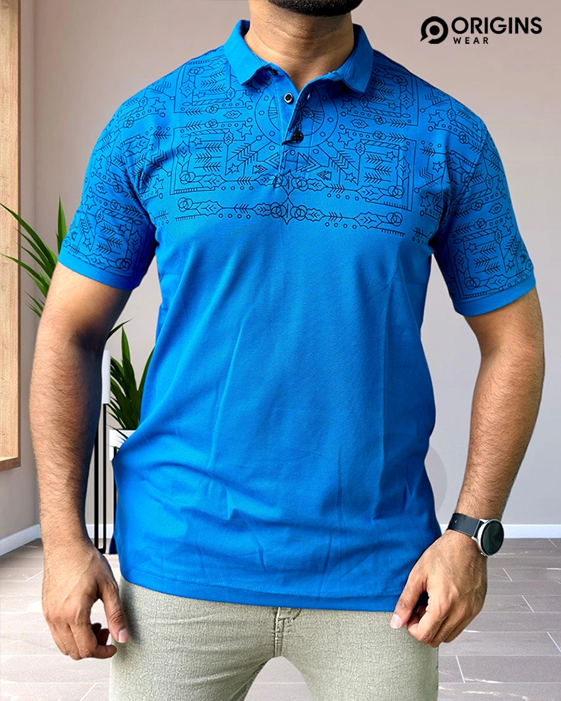 True Blue Simple Pattern Collar T-Shirt
